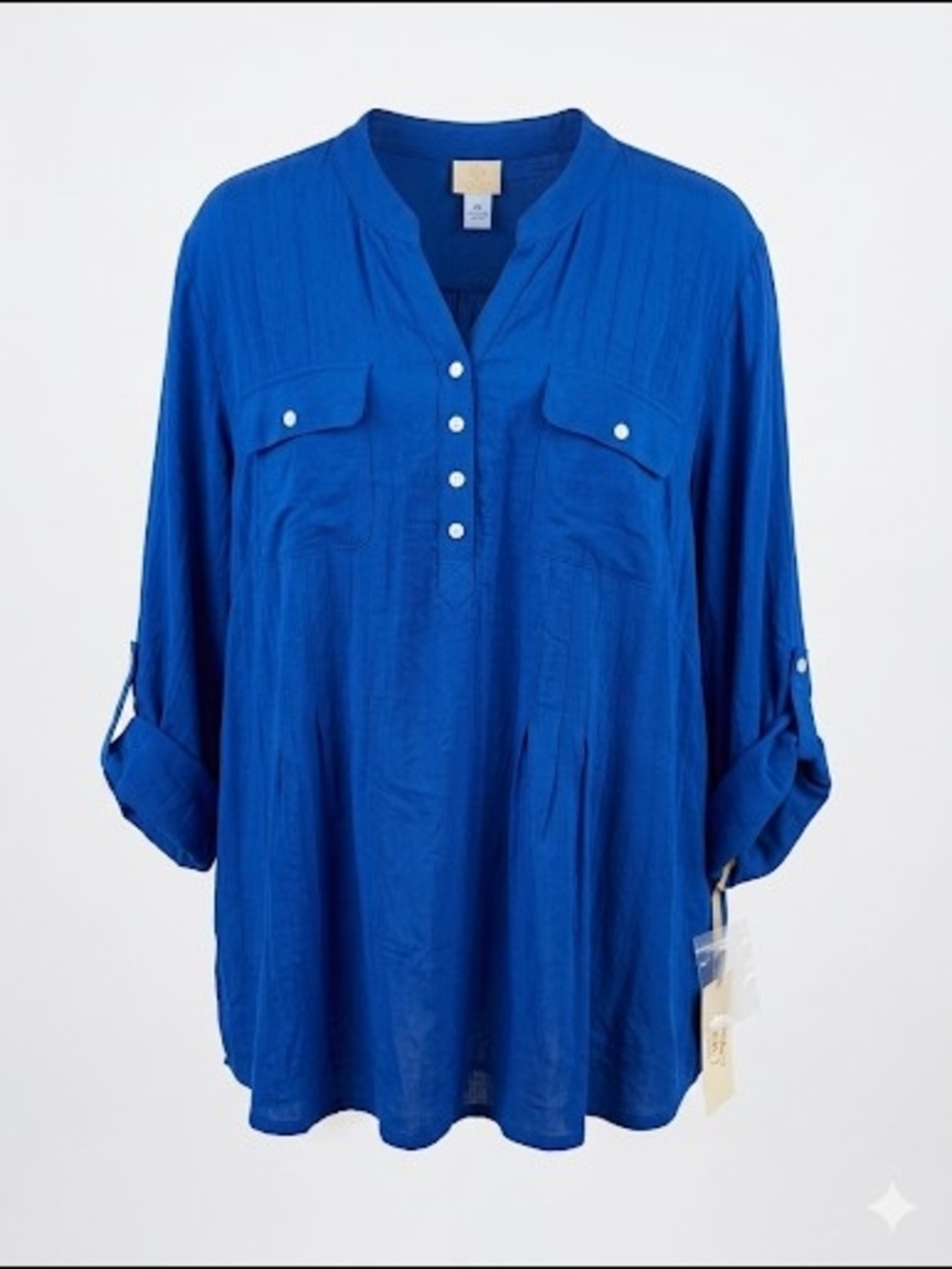 Ruby Road Royal Blue Henley Blouse Roll Tab Sleeve Pleated Top NWT Size 2X